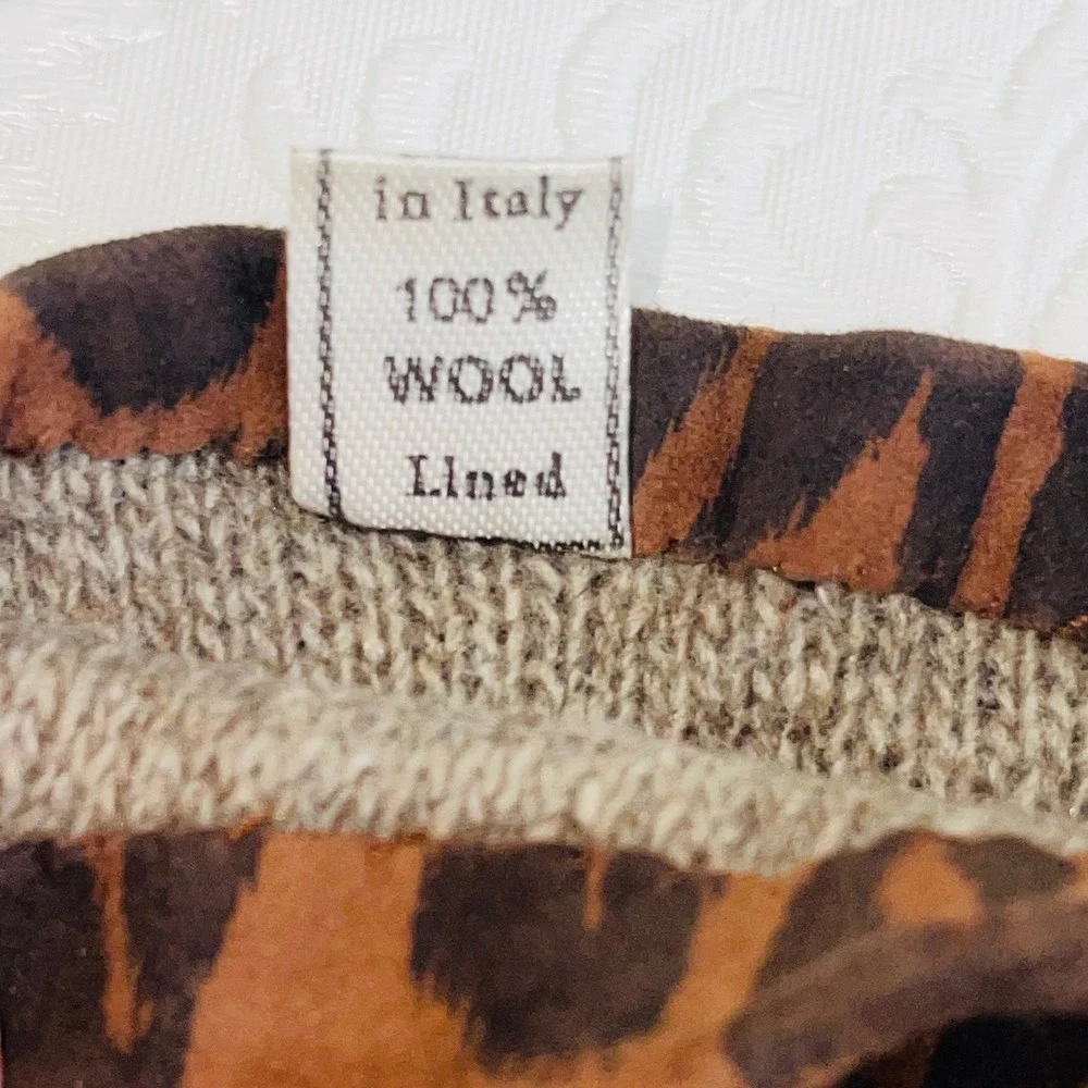 Vintage Italian Leopard Print Suede Genuine Leather Gloves 100% Wool Lined 8